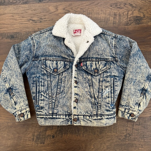 Vintage 80’s Levis Sherpa Lined Acid Washed Denim Trucker Jacket Youth M 10-12